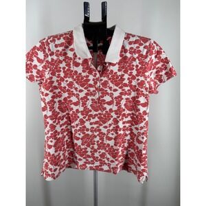 Tommy Hilfiger Womens Red White Floral Leaf Polo Shirt Stretch Cotton Size L